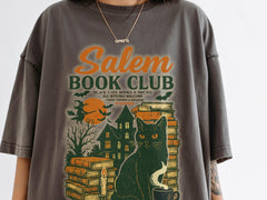 Salem Book Club Tshirt, Halloween Shirt, Bookish Fall Witchy Tshirt, Comfort colors Retro Halloween shirt, unisex Halloween Black Cat Shirt