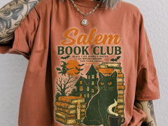 Salem Book Club Tshirt, Halloween Shirt, Bookish Fall Witchy Tshirt, Comfort colors Retro Halloween shirt, unisex Halloween Black Cat Shirt