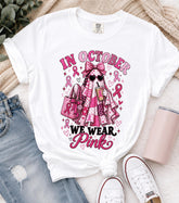 In October We Wear Pink Ghost Graphic T‑Shirt, Breast Cancer Awareness Pink Ribbon Halloween Short‑Sleeve Tee
