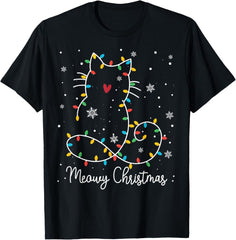 Cute Cat Meowy Christmas Light Cat Lover Mom Dad Merry Xmas T-Shirt