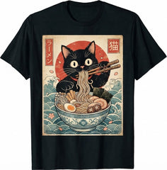 Japanese Ramen Cat T-Shirt, Cute Anime Kitten Eating Noodles Graphic Tee