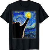Starry Night Cat Graphic T‑Shirt, Crew Neck Short Sleeve Tee, Van Gogh Inspired Art Cat Reaching for Moon Print, Unisex T shirts