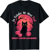 In October We Wear Letter print graphic T-shirt, anti breast cancer Halloween T-shirt for men and women