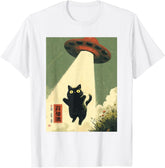 Funny Vintage Cat and UFO Printed T-shirt For Men Crew Neck Short Sleeve Casual T shirt Men Clothing