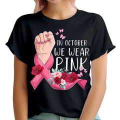 In October We Wear Pink Unisex Graphic T‑Shirt Women Crew Neck Short Sleeve Tee Breast Cancer Awareness Casual Women Clothing