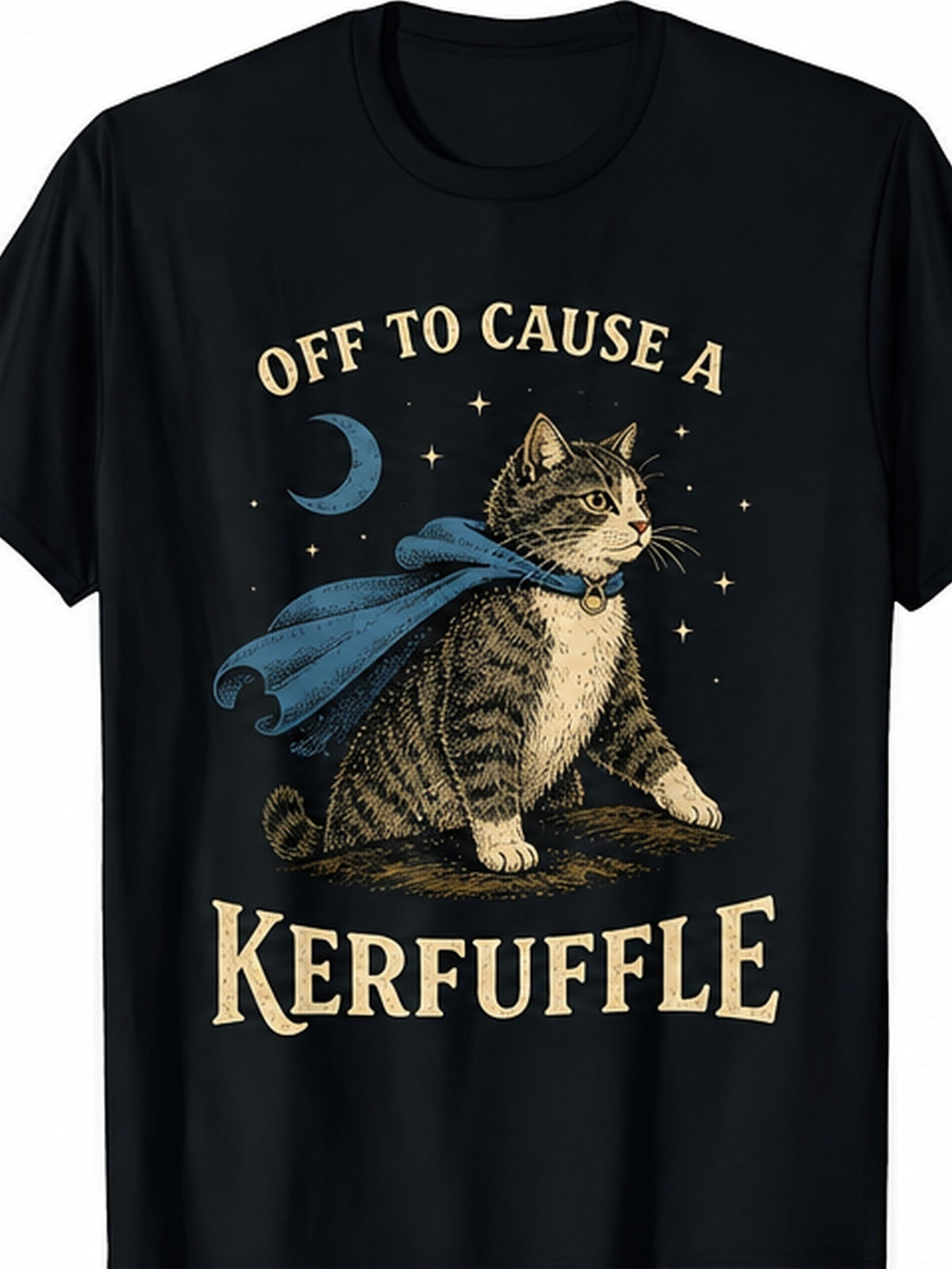 Unisex Off To Cause A Kerfuffle Cat Graphic T-Shirt, Vintage Cape Cat Moon Stars Casual Short Sleeve Tee