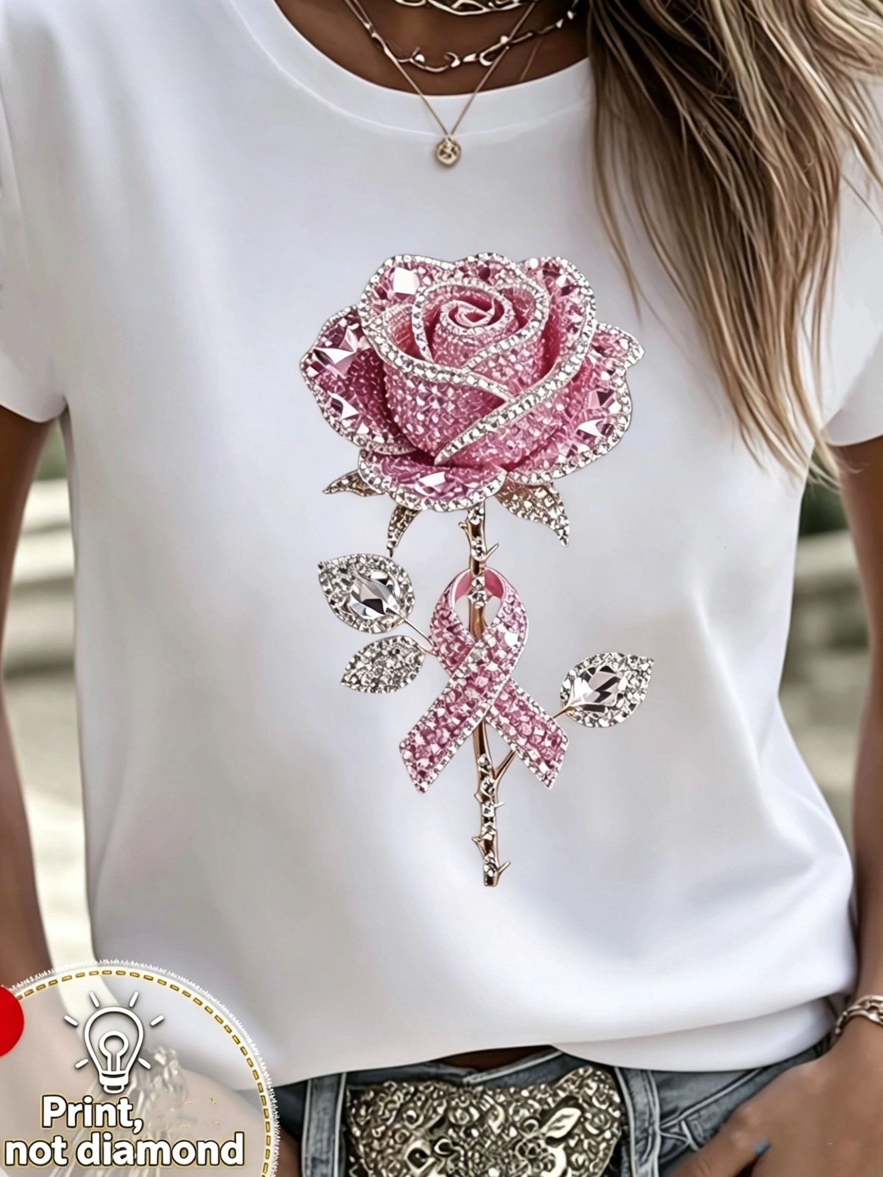 Women Pink Rose Pink Ribbon Awareness Graphic T‑Shirt, Crew Neck Short‑Sleeve Printed Casual Tee, No Real Rhinestones, Daily & Outdoor Top
