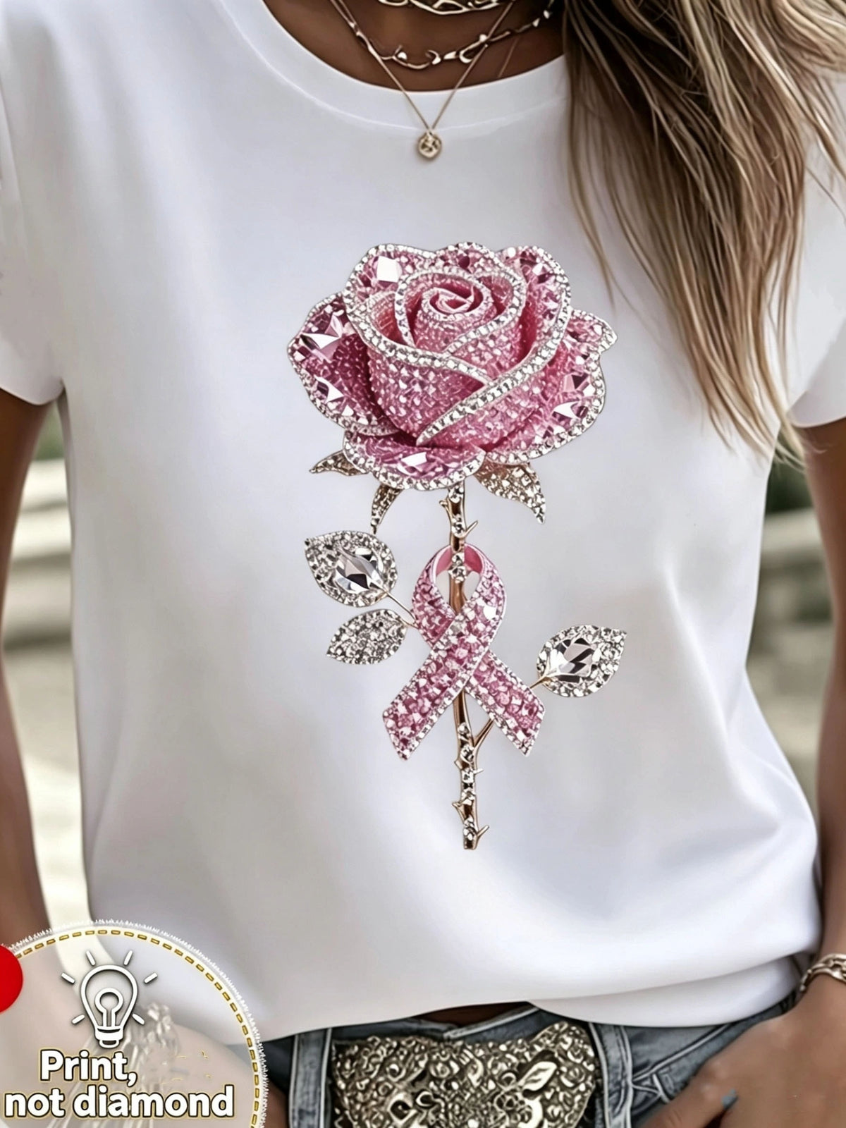 Women Pink Rose Pink Ribbon Awareness Graphic T‑Shirt, Crew Neck Short‑Sleeve Printed Casual Tee, No Real Rhinestones, Daily & Outdoor Top