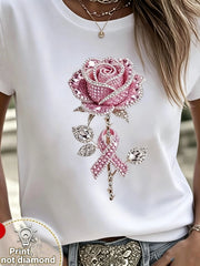 Women Pink Rose Pink Ribbon Awareness Graphic T‑Shirt, Crew Neck Short‑Sleeve Printed Casual Tee, No Real Rhinestones, Daily & Outdoor Top