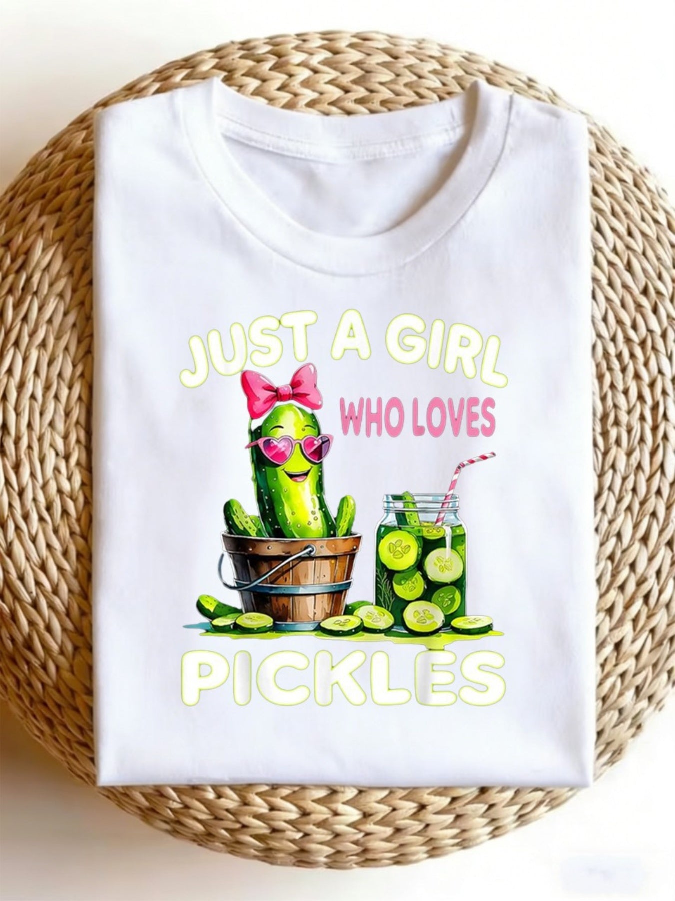 Just A Girl Who Loves Pickles Funny Food Lover Graphic Tee for Men Women, Cute Pickle Lover Short Sleeve T-Shirt, Casual Crew Neck Top for Pickle Gift