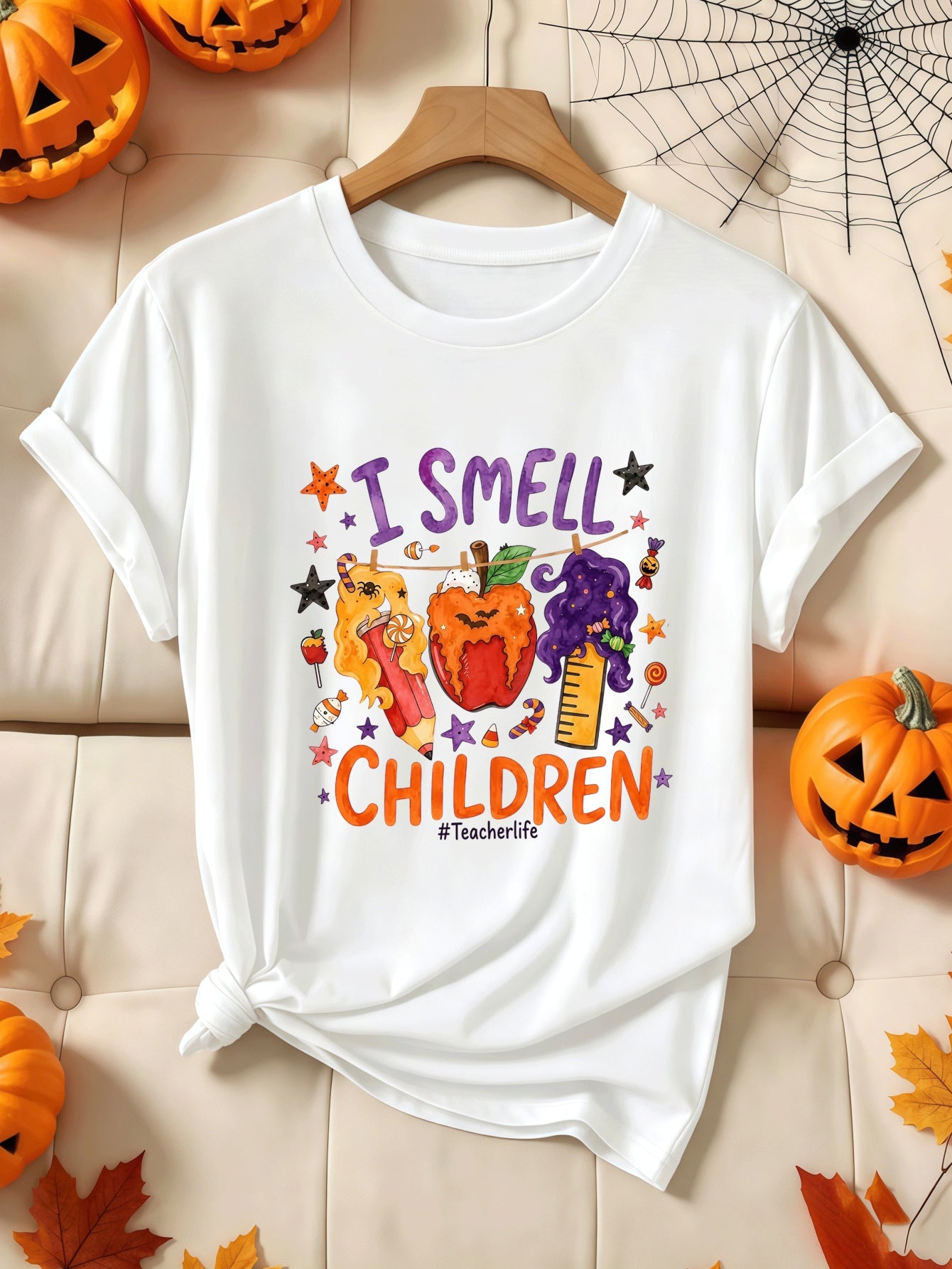 Women’s I Smell Children Teacher Life Halloween Graphic Short Sleeve T‑Shirt, Funny Teacher Candy Apple Pencil Witch Hair Holiday Casual Tee Top