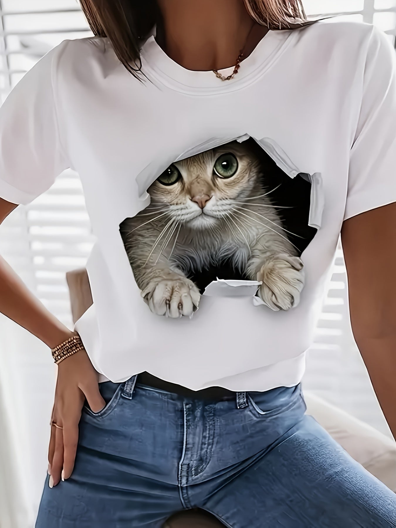 Summer New Cat Print Short Sleeve Tee Crew Neck Casual Versatile Top