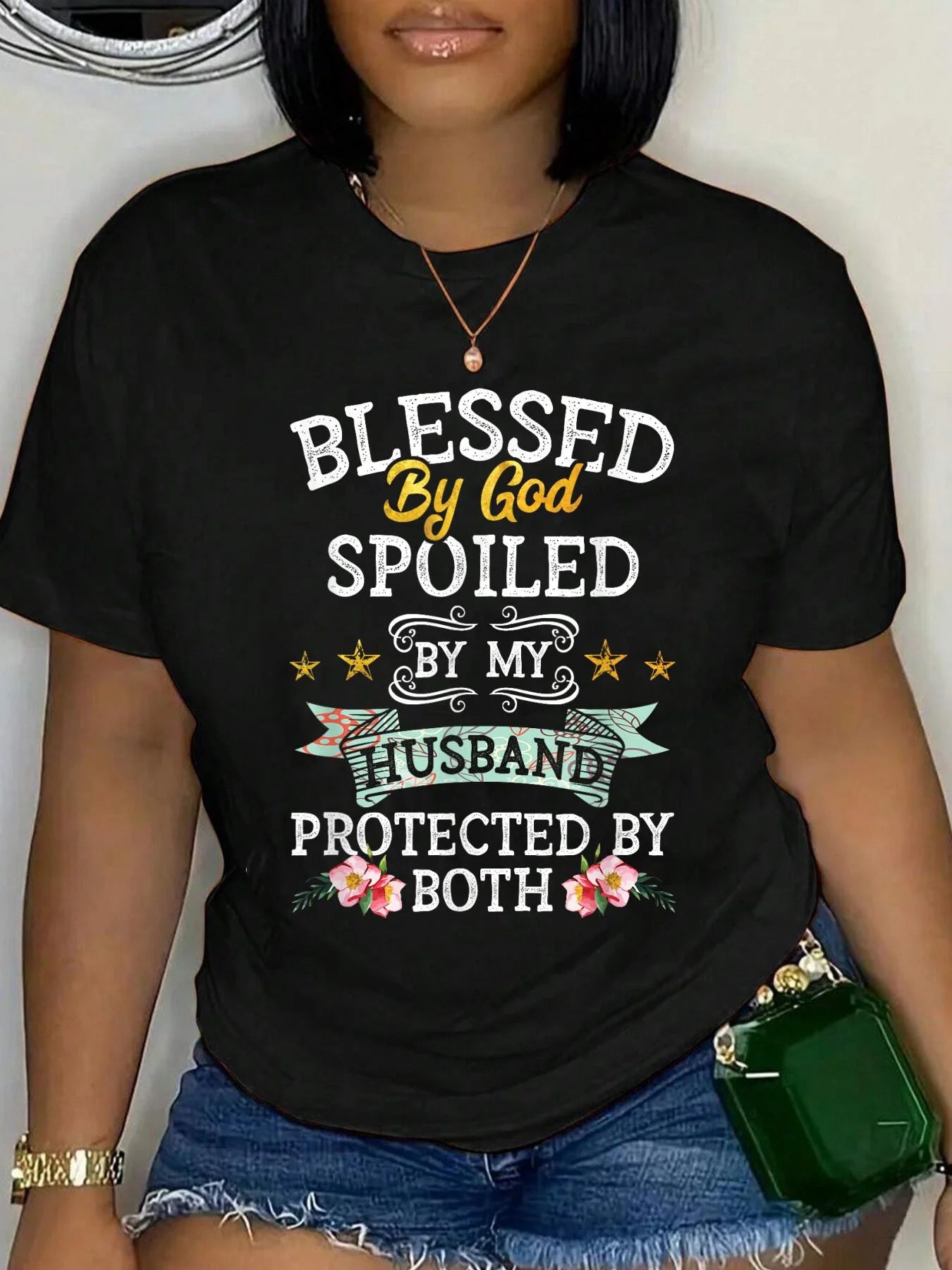 100% Cotton Blessed by God Spoiled by My Husband Protected By Both T-Shirt Women's Men's Graphic Tee Casual Tops