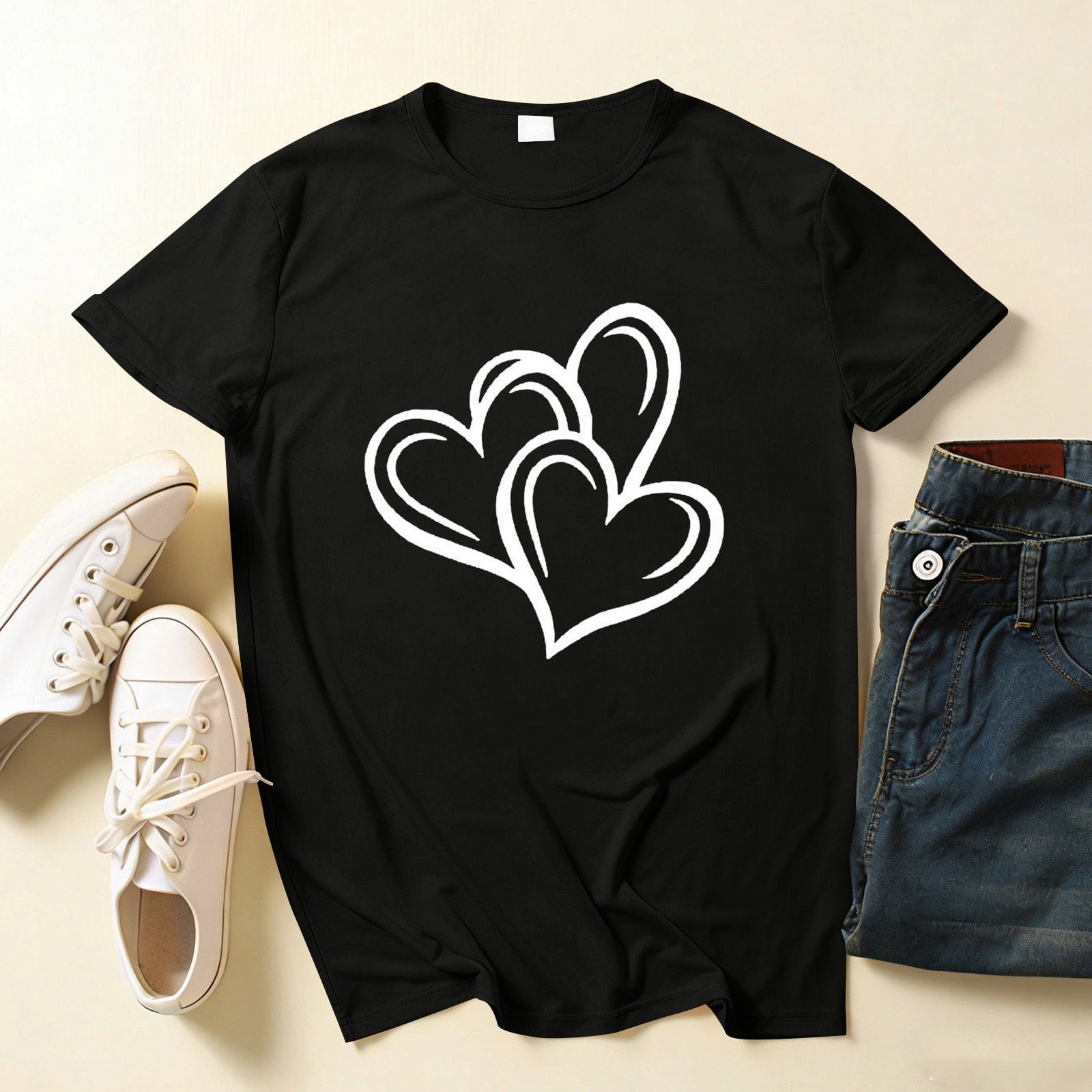 Felirenzacia Big and Tall Women's Heart Graphic Short Sleeves Pullover Tee Tops, Summer Casual Cotton T Shirt Valentine's Day Gift for Plus Women Black,XXXL