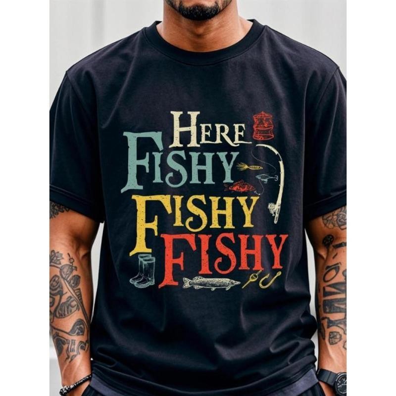 "Here Fishy Fishy" Graphic TShirt Crew Neck Tee with Colorful Fishing Design