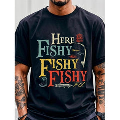 "Here Fishy Fishy" Graphic TShirt Crew Neck Tee with Colorful Fishing Design