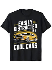 'EASILY DISTRACTED' Graphic TShirt | Classic Muscle Car Design, Casual Short Sleeve Crew Neck with Eye-Catching Yellow Details, Comfortable Fit, Trendy Fashion Statement for Daily Wear and Car Enthus