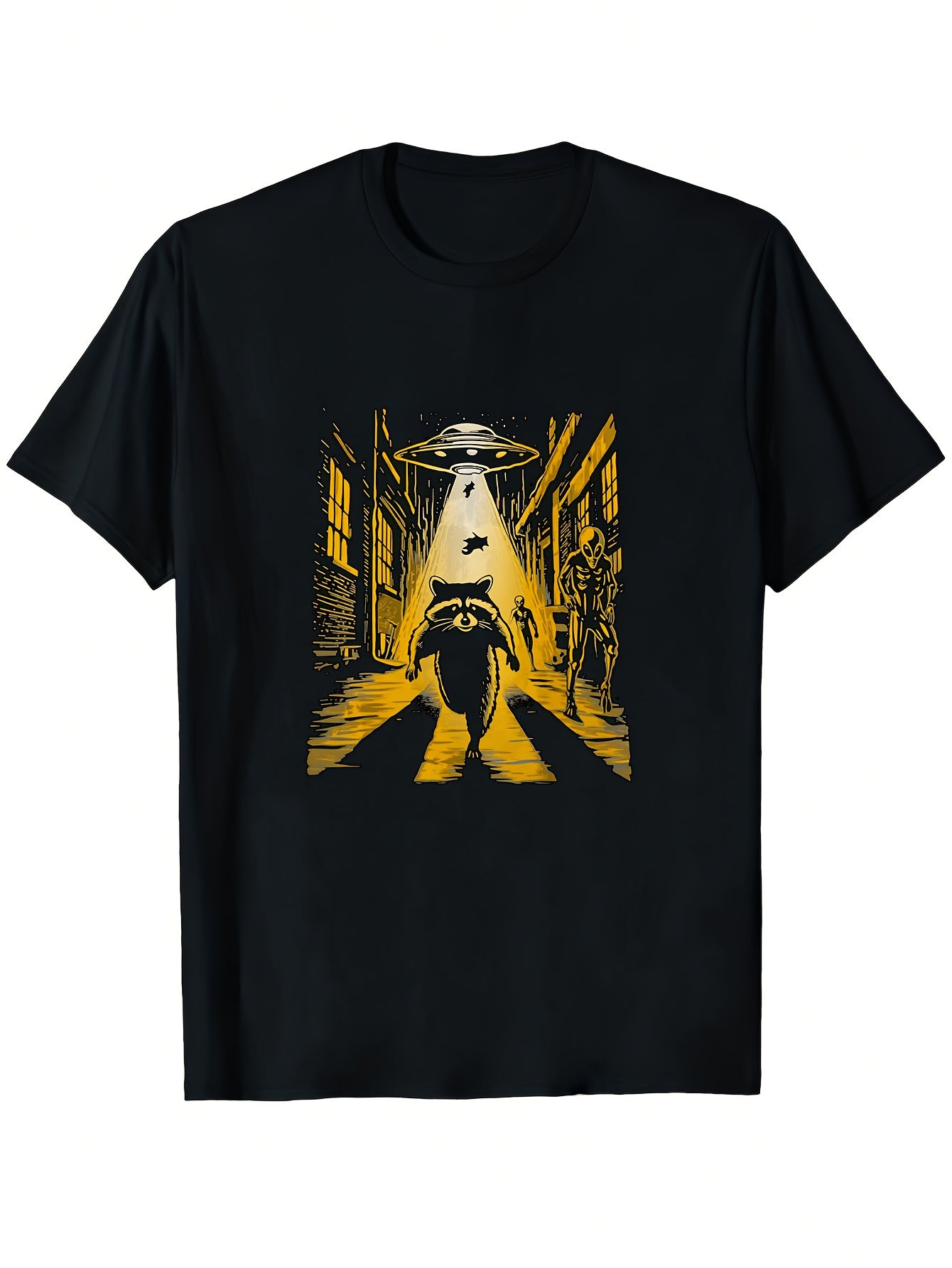 Casual Graphic T-Shirt (Alien Encounter with Animal Theme) – Black Short-Sleeve Crew Neck Fun Essential Design T-Shirt