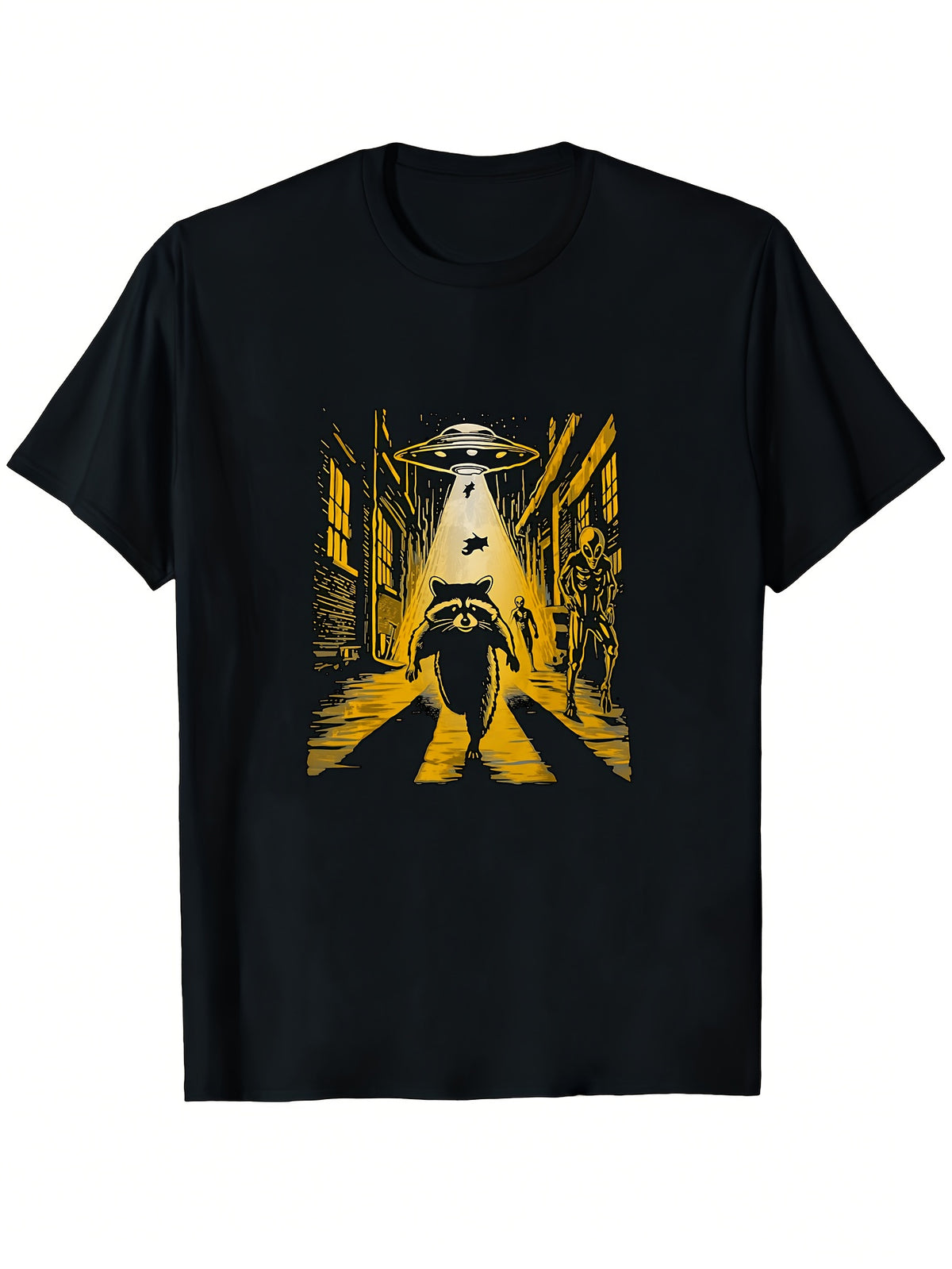 Casual Graphic T-Shirt (Alien Encounter with Animal Theme) – Black Short-Sleeve Crew Neck Fun Essential Design T-Shirt