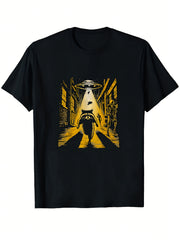 Casual Graphic T-Shirt (Alien Encounter with Animal Theme) – Black Short-Sleeve Crew Neck Fun Essential Design T-Shirt