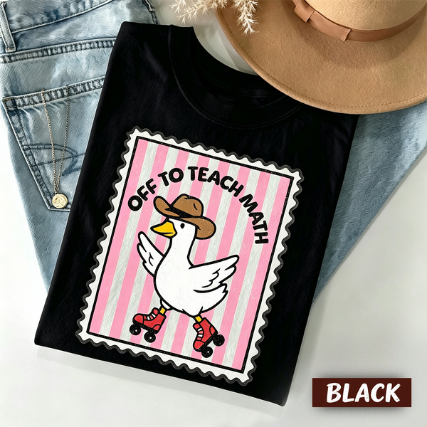 Off To Teach Math T‑Shirt, Cute Duck Cowboy Roller Skate Stamp Graphic Tee, Math Teacher Gift Casual Short‑Sleeve Shirt
