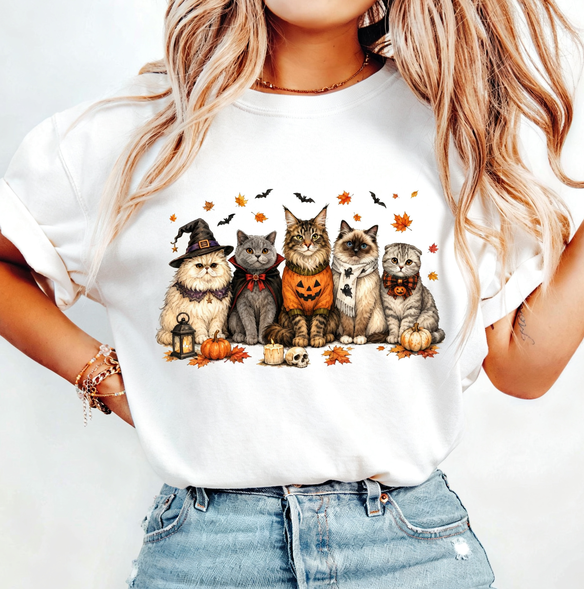 Halloween Cute Spooky Cats Graphic T‑Shirt，Women Halloween Tshirts，Crew Neck Short Sleeve Casual Tops