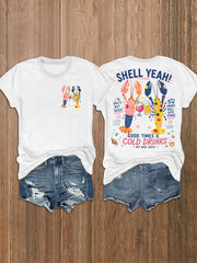 Women's Lobster Shell Yeah Double Sided Graphic T-Shirt, Summer Beach Short Sleeve Tee, Seafood Party Casual Top