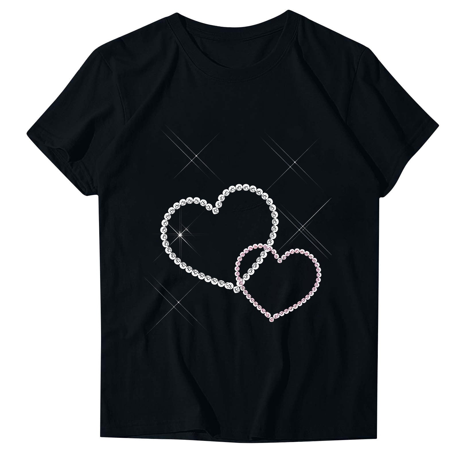 Inverlee Valentine's Day Shirts Womens Sweet Love Heart Graphic Tees Cotton Short Sleeve Blouse Round Neck Tunic T-shirt Tops Valentines Day Gifts for Women