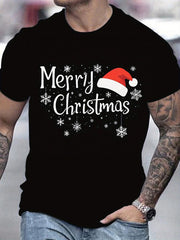 "Merry Christmas" Print T-Shirt, Creatively Designed with Christmas Elements, Casual Round-Neck Short-Sleeve Top, Perfect As a Christmas Gift