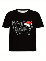 "Merry Christmas" Print T-Shirt, Creatively Designed with Christmas Elements, Casual Round-Neck Short-Sleeve Top, Perfect As a Christmas Gift