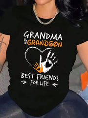 Grandma and Grandson Best Friends Graphic T-Shirt, Family Love Gift Tee, Short Sleeve Crew Neck Casual Cotton Top for Women