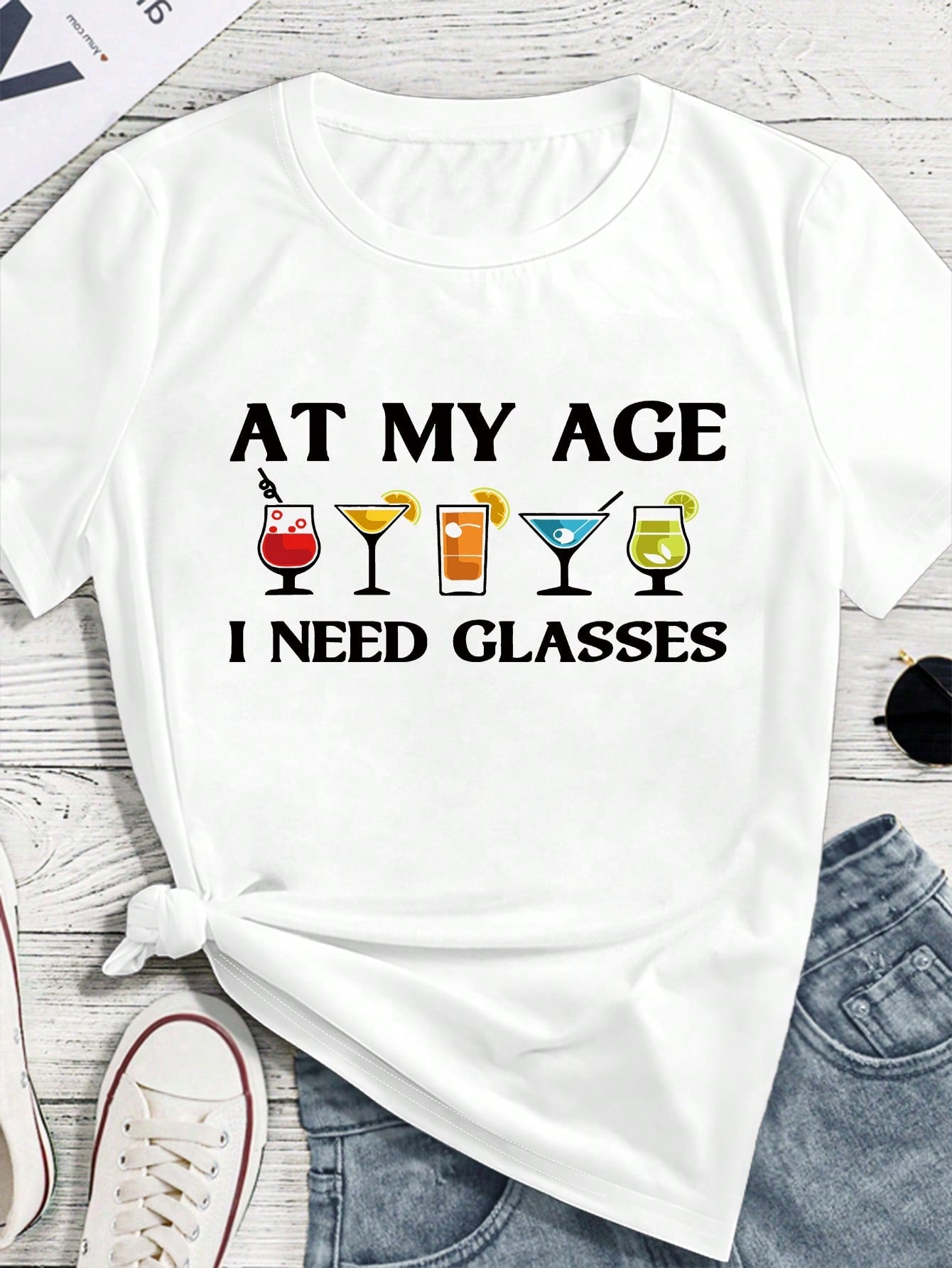 Women T shirt Funny Cocktail Graphic T‑Shirt, "At My Age I Need Glasses" Humor Wine Glass Print Casual Crewneck Tee for Daily Wear