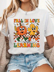 100% Cotton Fall In Love With Learning Thanksgiving Teacher Student T-Shirt