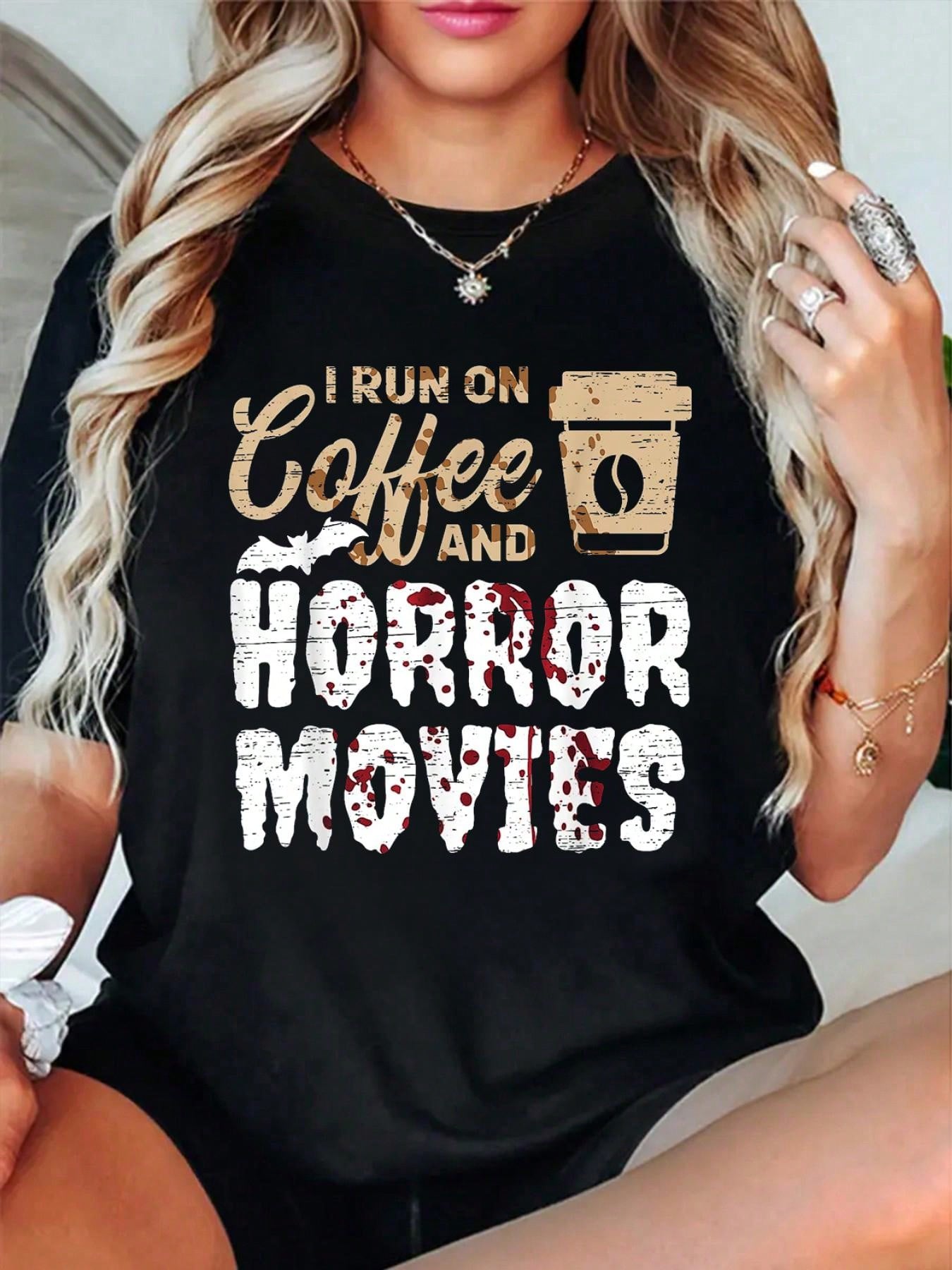 Halloween Tops, Halloween I Run On Coffee And Horror Movies Trick Or Treat Graphic Tees Women, Halloween Tops Holiday Gifts For Family & Friends.