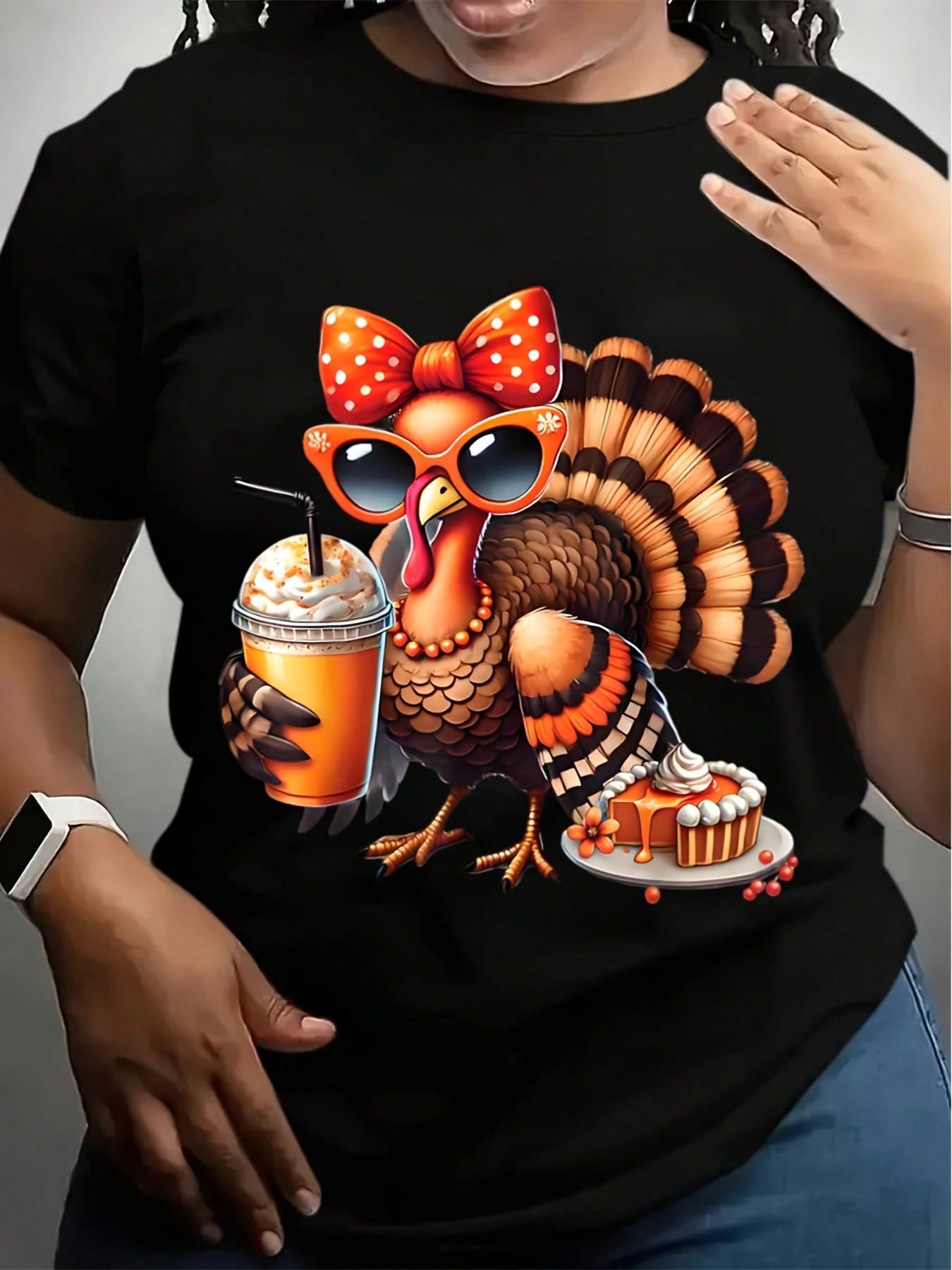 Crew Neck T-Shirt White Thanksgiving Turkey With Sunglasses And Pumpkin Pie Print For Festive Season