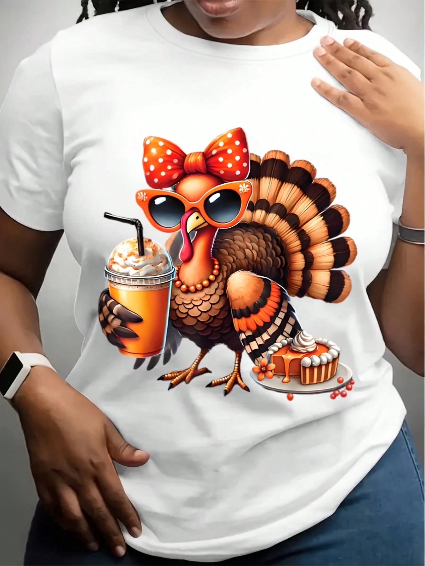 Crew Neck T-Shirt White Thanksgiving Turkey With Sunglasses And Pumpkin Pie Print For Festive Season
