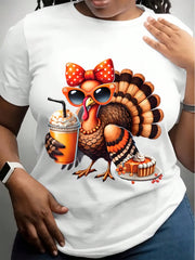 Crew Neck T-Shirt White Thanksgiving Turkey With Sunglasses And Pumpkin Pie Print For Festive Season
