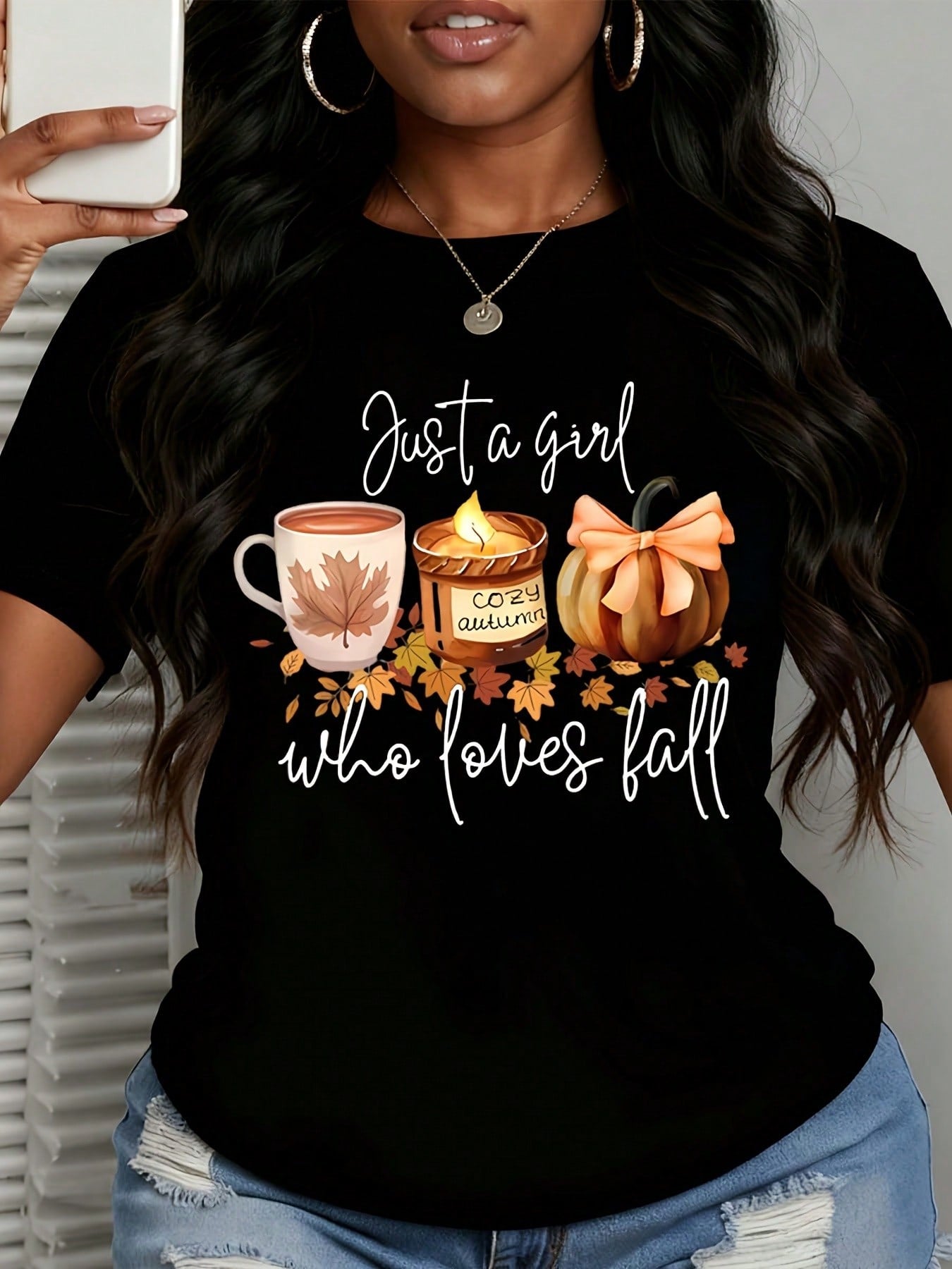 Just A Girl Who Loves Fall Cozy Autumn Mug Candle Pumpkin Graphic T Shirt Women Casual Short Sleeve Top Seasonal Fashion Shirt