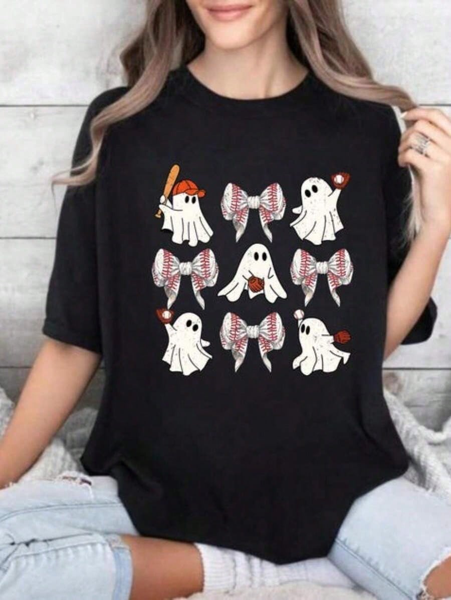Baseball Ghost Print Cotton Short Sleeve Tee Halloween Oversized Crew Neck Top