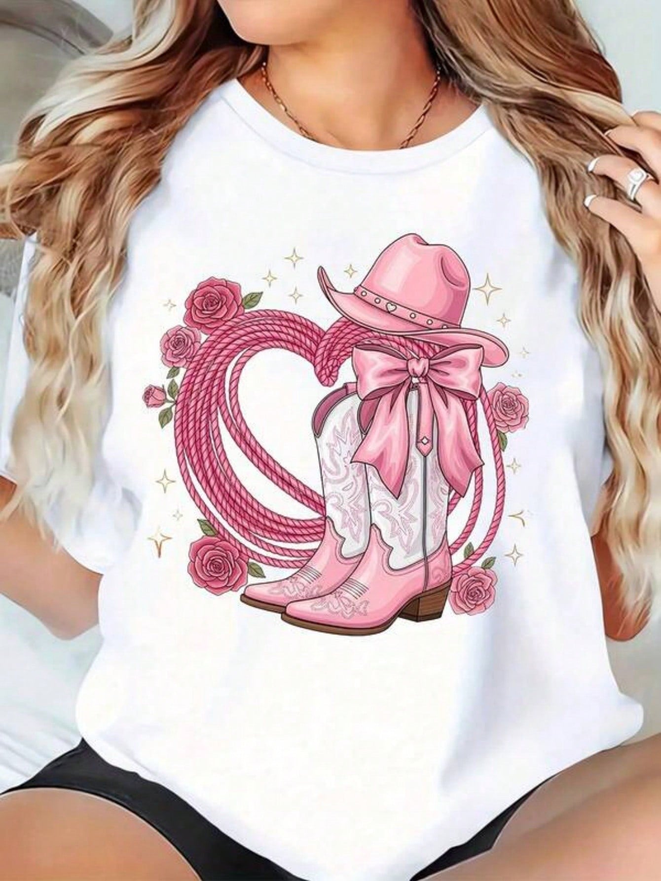 Pink Cowboy Hat And Boots Heart Design Women's Graphic T-Shirt For Western Cowgirl Style, Valentine's Day, Country Music Festival, Or Everyday Wear
