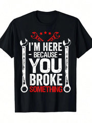 Funny Mechanic Husband-Shirt Men - I'Here Because You Screwed Up Full-Body Print White Tee With Wrench & Car Icons - Casual Short Sleeve Round Neck Shirt Auto Repair Humor, & Enthusiasts