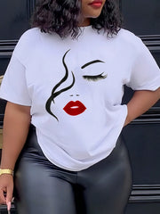 Face Line Print Crew Neck Tee Black Cotton Stretch Regular Fit Top