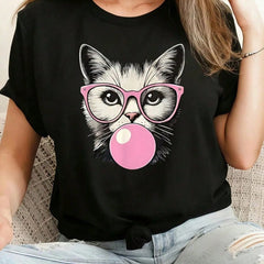 Charming Cat Geometric Graphic Crew Neck Tee Fun Short Sleeve Top