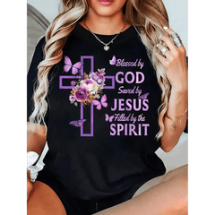 Cross Floral Butterfly Print Tee Cotton Crew Neck Daily Church Top