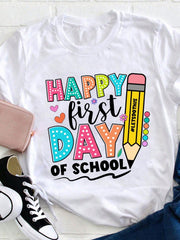 Happy First Day Of Shirt, Teacher Life Shirt, 1st Day Of Shirt, Teacher Appreciation Gift Shirt, Back To Shirt, Loose, Spring/Summer/Autumn/Winter, Graphic Tees, Women's Casual Round Neck T-Shirt