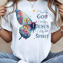 Women Blessed By God Loved By Jesus Led By The Spirit Graphic T‑Shirt, Floral Butterfly Faith Print Crew Neck Short‑Sleeve Tee, Religious Inspirational Casual Tops