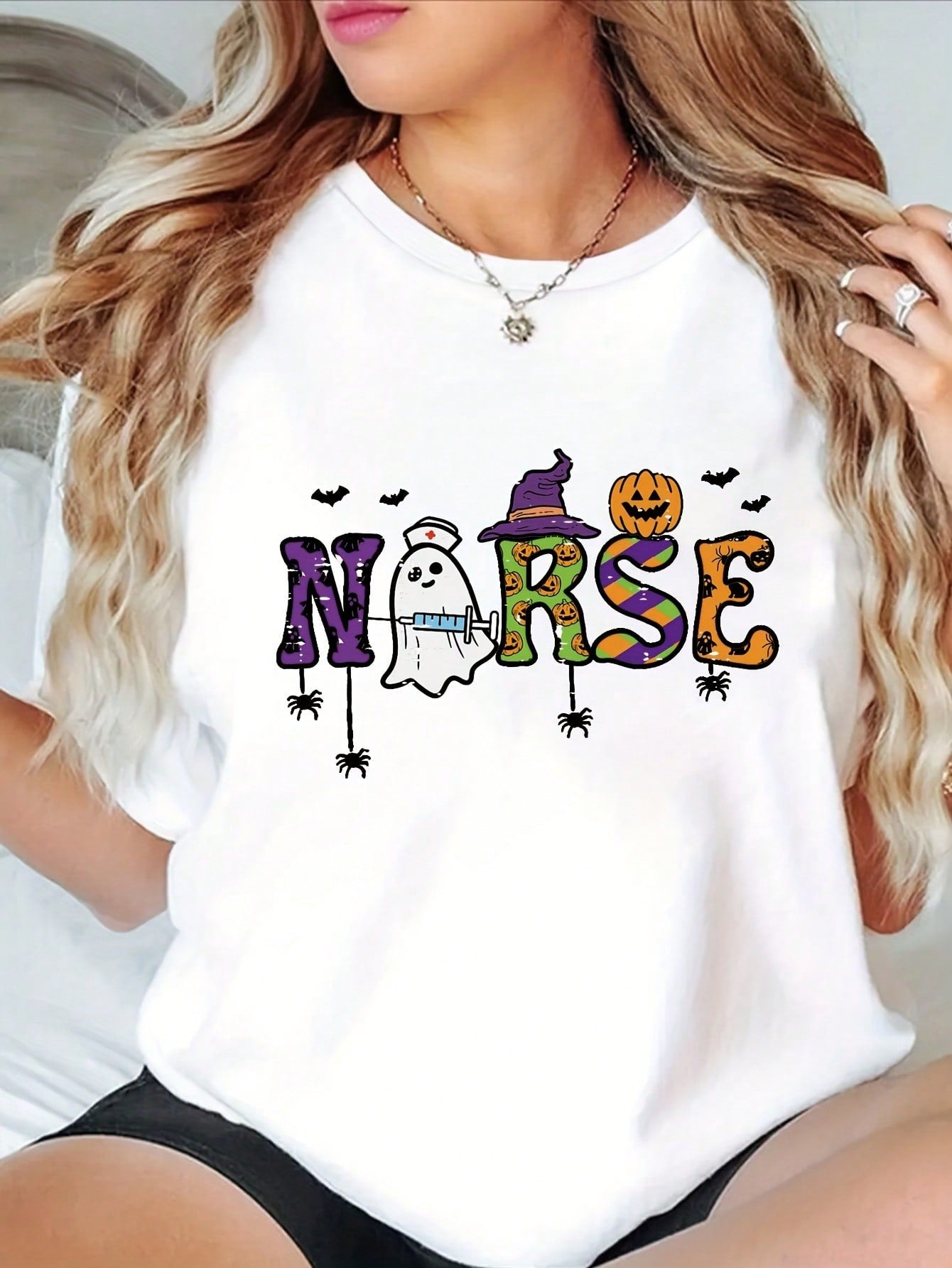 Women'S Nurse Themed Graphic T-Shirt - Short Sleeve Top With Halloween Design