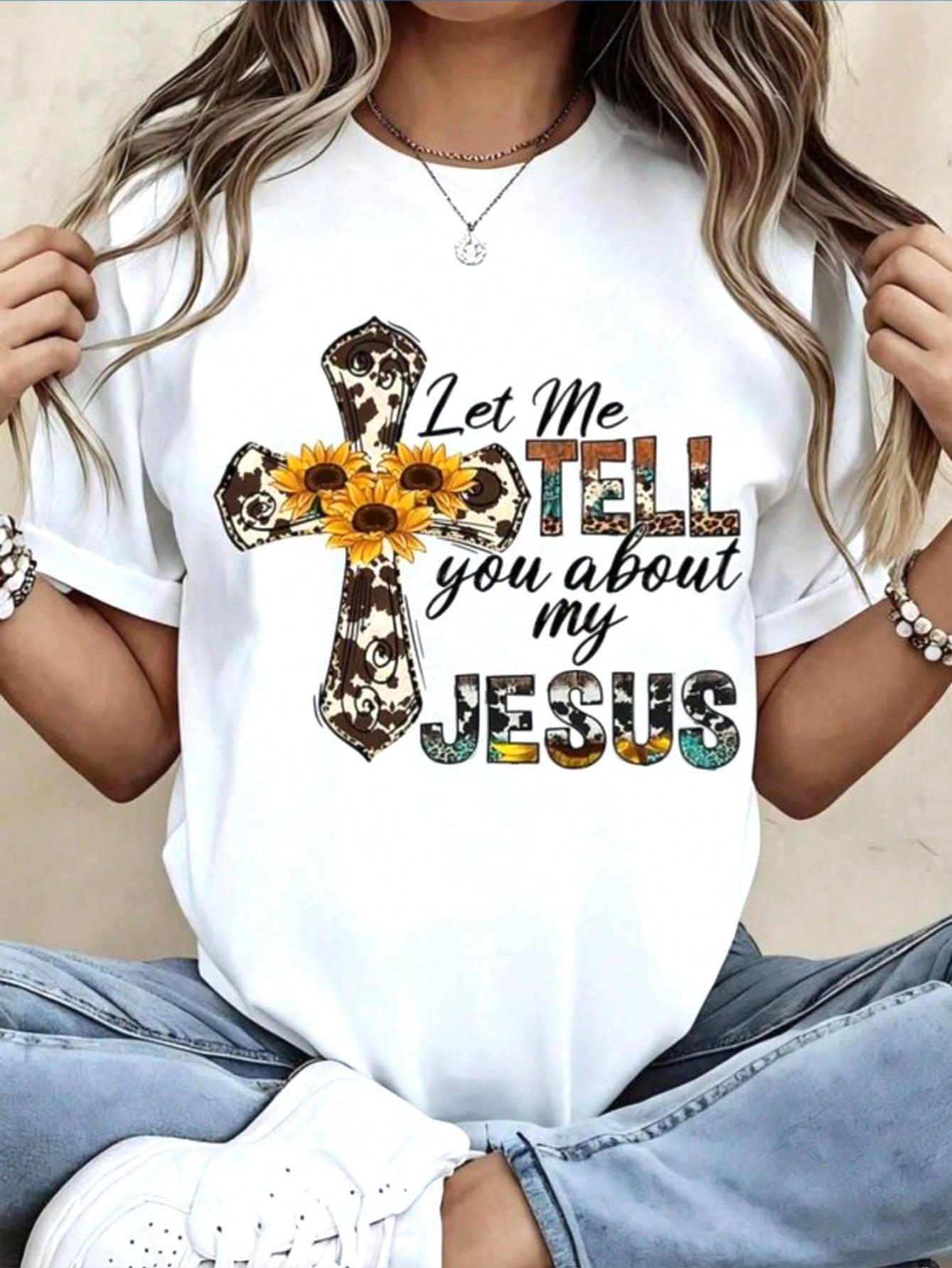 Cross Sunflower Quote Print Crew Neck Tee Fall Casual Top