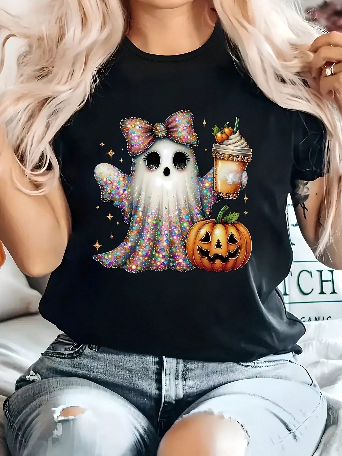 Summer Plus Size Women Halloween Ghost Pumpkin Bow Jack O Lantern Print Crew Neck Short Sleeve Tee