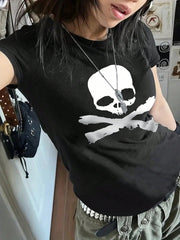 IslaSuriya Skull Print Round Neck Short Sleeve Tee Emo Graphic Top